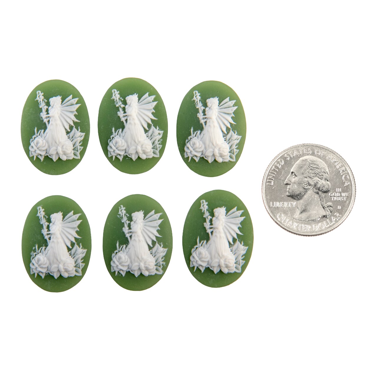 Green and Cream Fairy Queen 24mm x 18mm Resin Cameos - Set of Six - CAM326